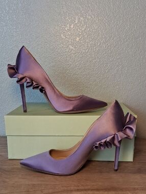 Andrea Wazen Satin Pointed-Toe Stiletto Heels with Ruffle Detail - Lilac